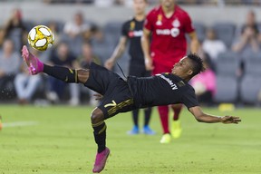 Los Angeles FC midfielder Latif Blessing attempts a shot during the second half against Toronto FC at Banc of California Stadium. on Saturday night. USA TODAY