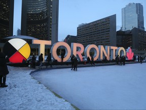 The Toronto sign at Toronto City Hall is pictured in this Feb. 11, 2019 file photo. (Veronica Henri/Toronto Sun/Postmedia Network)