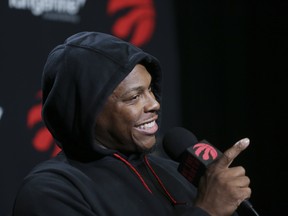 Raptors’ Kyle Lowry answers questions during the media availability at Scotiabank Arena yesterday.  Stan Behal/Toronto Sun