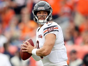 Chicago Bears quarterback Mitchell Trubisky throws in the second quarter against the Denver Broncos at Empower Field at Mile High on Sept.  15, 2019 in Denver, Colo.