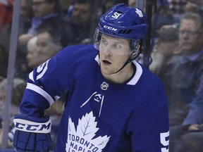 Defenceman Jake Gardiner as the Toronto Maple Leafs host the Tampa Bay Lightning at the Scoitabank Arena on April 4, 2019. Veronica Henri/Toronto Sun