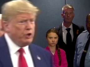 Swedish environmental activist Greta Thunberg watches as U.S. President Donald Trump enters the United Nations to speak with reporters in a still image from video taken in New York City, U.S. September 23, 2019. (REUTERS/Andrew Hofstetter)