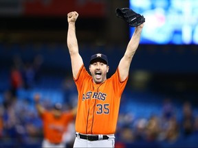 Astros pitcher Justin Verlander celebrates his no-hitter of the Jays on Sunday. GETTY IMAGES