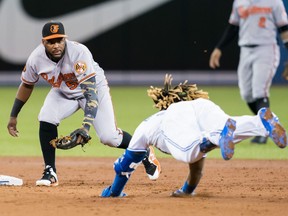 Hanser Alberto of the Baltimore Orioles prepares to tag out Vladimir Guerrero Jr. of the Toronto Blue Jays, who was trying to stretch a double in the third inning at Rogers Centre on Sept. 23, 2019. (MARK BLINCH/Getty Images)