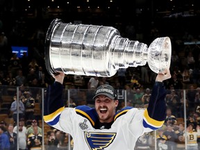 St. Louis Blues' Tyler Bozak hoists the Stanley Cup earlier this year. (GETTY IMAGES)