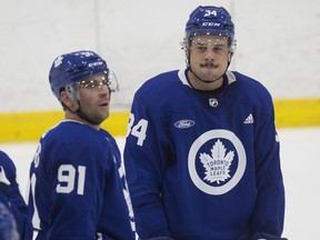 Auston Matthews gets ready for a one-on-one drill against John Tavares. One of them could be named captain of the Maple Leafs on Wednesday. Craig Robertson/Toronto Sun/Postmedia Network