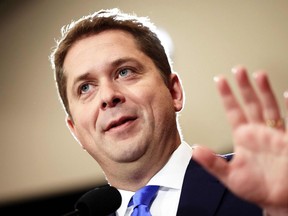 Conservative Leader Andrew Scheer speaks at a press conference in Regina, October 22, 2019.  (Photo by GEOFF ROBINS/AFP via Getty Images)