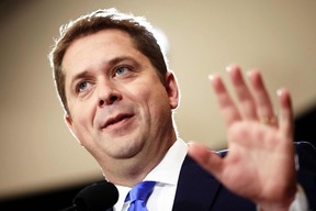 Conservative Leader Andrew Scheer speaks at a press conference in Regina, October 22, 2019.  (Photo by GEOFF ROBINS/AFP via Getty Images)