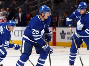 Nick Shore of the Toronto Maple Leafs warms up prior to an NHL pre-season game against the Detroit Red Wings at Scotiabank Arena on September 28, 2019 in Toronto, Canada.  (Photo by Vaughn Ridley/Getty Images)