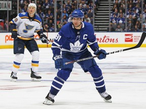 John Tavares #91 of the Toronto Maple Leafs skates against the St. Louis Blues during an NHL game at Scotiabank Arena on October 7, 2019 in Toronto. (Photo by Claus Andersen/Getty Images)