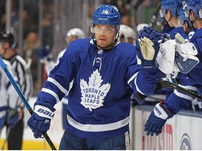 Andreas Johnsson of the Toronto Maple Leafs celebrates a goal against the Tampa Bay Lightning during an NHL game at Scotiabank Arena on October 10, 2019 in Toronto, Ontario, Canada.