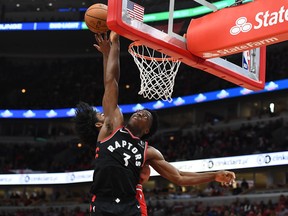 OG Anunoby had some spectacular blocks against Chicago on Saturday, including this one on rookie Coby White. GETTY IMAGES