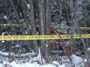 The Hydro One helicopter crash near Tweed, Ont., can be seen on Dec. 14, 2017.  THE CANADIAN PRESS/Lars Hagberg