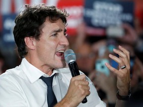 Liberal leader Justin Trudeau is pictured while campaigning at a ralley in Calgary on Oct. 19, 2019. (Reuters)