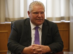 Premier Doug Ford speaks to Antonella Artuso, the Toronto Sun's Queen's Park bureau chief, on Oct. 24, 2019. (Jack Boland/Toronto Sun)