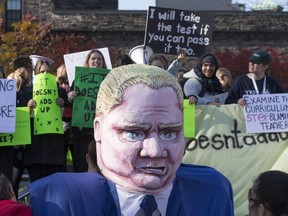 Protesters targeting Premier Doug Ford's PC government converged on the opening day of the fall session at Queen's Park on Oct. 28, 2019. (Craig Robertson, Toronto Sun)