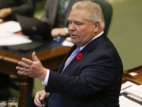 Ontario Premier Doug Ford speaks on the first day of the Fall session at the Queen's Park legislature on Oct. 28, 2019. Jack Boland