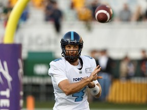 Toronto Argonauts' quarterback McLeod Bethel-Thompson (4) throws the ball against the Edmonton Eskimos during the first half of a CFL football game at Commonwealth Stadium in Edmonton, on Thursday, July 25, 2019. Photo by Ian Kucerak/Postmedia