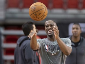 Raptors Usaiah Taylor passes tyhe ball during the Raptors training camp practice Tuesday at Laval University in Quebec City. THE CANADIAN PRESS/Jacques Boissinot