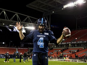 Toronto Argonauts quarterback McLeod Bethel-Thompson (4) reacts after defeating the Ottawa Redblacks 28-21 in CFL football action, in Toronto on Friday, Oct. 11, 2019. THE CANADIAN PRESS/Christopher Katsarov