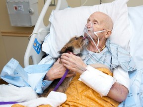 Dying veteran John Vincent gets a kiss from his dog Patch at the Raymond G. Murphy Veterans Affairs Medical Center in Albuquerque,  N.M.