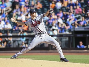 Atlanta Braves pitcher Mike Soroka pitches in the first inning against the New York Mets at Citi Field. Wendell Cruz-USA TODAY Sports
