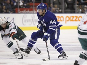 Toronto Maple Leafs defenceman Morgan Rielly (44) carries the puck against the Minnesota Wild at Scotiabank Arena. Mandatory Credit: John E. Sokolowski-USA TODAY Sports