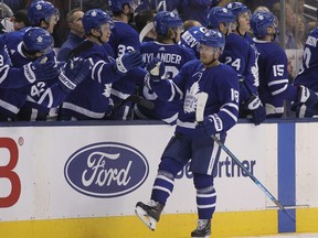 Toronto Maple Leafs forward Andreas Johnsson (18) celebrates his goal against the Minnesota Wild at Scotiabank Arena. Mandatory Credit: John E. Sokolowski-USA TODAY