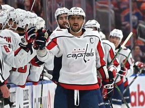 Washington Capitals Alex Ovechkin celebrates this second goal with the bench against the Edmonton Oilers during NHL action at Rogers Place in Edmonton, October 24, 2019. Ed Kaiser/Postmedia