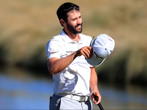 Adam Hadwin of Canada reacts after putting on the 18th green during the final round of the Shriners Hospitals for Children Open at TPC Summerlin on Oct. 6, 2019 in Las Vegas, Nev. (Mike Lawrie/Getty Images)