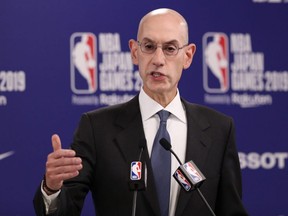 NBA Commissioner Adam Silver speaks during a press conference prior to the preseason game between the Houston Rockets and Toronto Raptors at Saitama Super Arena in Saitama, Japan, on Tuesday, Oct. 8, 2019.