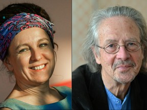 This combination of pictures created on Oct. 10, 2019 shows Polish author Olga Tokarczuk, left, on Sept. 17, 2018 in Krakow and Austrian novelist and playwright Peter Handke on Nov. 22, 2012 in Salzburg, Austria. (BEATA ZAWREL,BARBARA GINDL/APA/AFP via Getty Images)