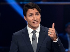 Canada's Prime Minister and Liberal leader Justin Trudeau speaks during the Federal leaders French language debate at the Canadian Museum of History in Gatineau, Quebec on October 10, 2019.