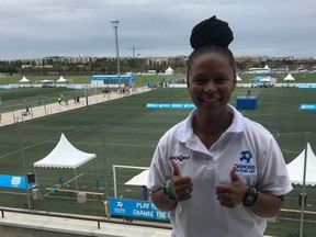 Former South African women's national team captain Amanda Dlamini stops in at the Danone Nations Cup at the Salou Soccer Sporting Complex in Salou, Spain on Thursday, Oct. 10, 2019.