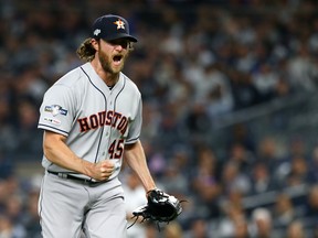 Gerrit Cole of the Houston Astros celebrates retiring the side during the sixth inning against the New York Yankees in Game 3 of the American League Championship Series at Yankee Stadium on Tuesday. (Mike Stobe/Getty Images)