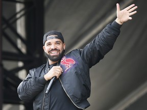 Recording artist Drake addresses the Toronto Raptors during a rally at Toronto city hall Nathan Phillips Square. (John E. Sokolowski-USA TODAY Sports)