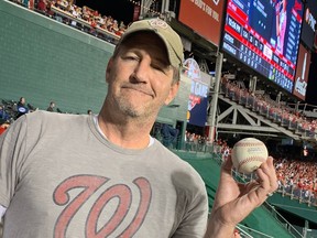 Jeff Adams was hit by a ball in Game 5 of the World Series. Not pictured: the Bud Lights that made him Internet famous. (Washington Post photo by Adam Kilgore)