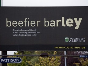 A University of Alberta billboard that suggests that climate change could result in beefier barley yields is seen in Edmonton on Monday, Sept. 30, 2019.