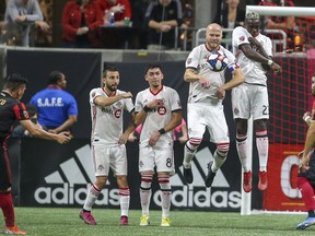 Toronto FC midfielder Michael Bradley defends a free kick against Atlanta United in the first half at Mercedes-Benz Stadium on Wednesday night. (USA TODAY SPORTS)