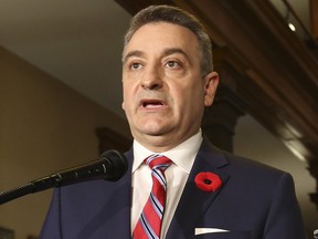 Ontario Government House Leader Paul Calandra,speaks to the media on the first day of the Fall session at the Queen's Park Legislature on Monday Oct. 28, 2019.