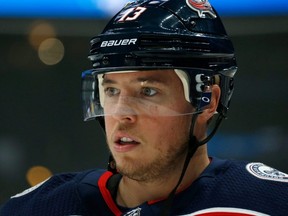 Cam Atkinson of the Columbus Blue Jackets warms up prior to the start of a game against the Dallas Stars at Nationwide Arena in Columbus, Ohio, on Oct. 16, 2019.