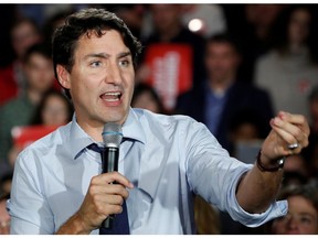 Liberal leader and Canadian Prime Minister Justin Trudeau campaigns for the upcoming election at the Musee de la nature et des sciences, in Sherbrooke, Quebec, Canada October 16, 2019.