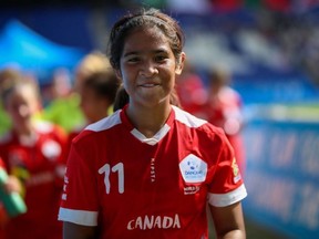 Canada's Gabby Ramdeen smiles after Canada's 1-0 victory against Germany at the Danone Nations Cup at the RCDE Stadium in Barcelona, Spain on Oct 12, 2019.
