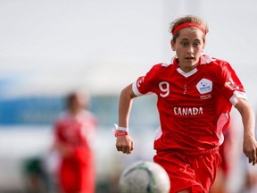 Danika Birch of Canada chases the ball against the United States at the Danone Nations Cup at the Salou Soccer Sports Complex in Salou, Spain on Friday, Oct. 11, 2019.