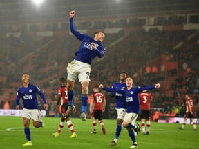 Leicester City’s English striker Jamie Vardy celebrates scoring his team’s ninth goal from the penalty spot during Friday’s 9-0 rout against Southampton. Leicester City sits in third place, having dropped just 11 points of a possible 30. (GETTY IMAGES)