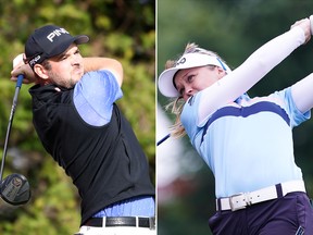 In these Oct. 17, 2019, photos, Corey Conners (L) hits his tee shot on the 3rd hole during the first round of the CJ Cup @ Nine Bridges at the Club at Nine Bridges in Jeju, South Korea and Brooke Henderson (R) drives from the tee during Round 1 of Buick LPGA Shanghai 2019 at Shanghai Qizhong Garden Golf Club in Shanghai, China.