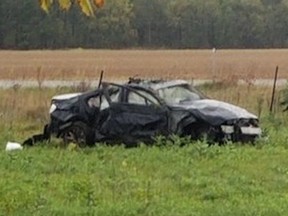 Three people were killed in a single-vehicle crash on Oil Heritage Rd. in Dawn-Euphemia Township on Saturday, Oct. 5, 2019. (@OPP_WR on Twitter)