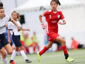 Olivia Chen of Canada competes against England at the Danone Nations Cup in Salou, Spain on Thursday, Oct. 10, 2019