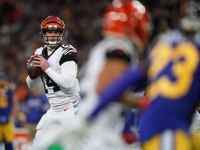 Cincinnati Bengals quarterback Andy Dalton throws the ball in the first half against the Los Angeles Rams during an NFL International Series game at Wembley Stadium.