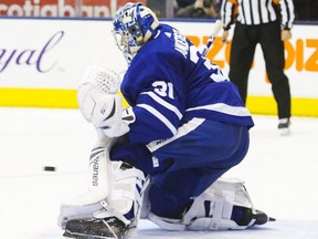 Maple Leafs goalie Frederik Andersen watches as the puck sails past him and into the net to give the Blues their second goal of the game in the second period, during NHL action at the Scotiabank Arena in Toronto on Monday, Oct. 7, 2019.